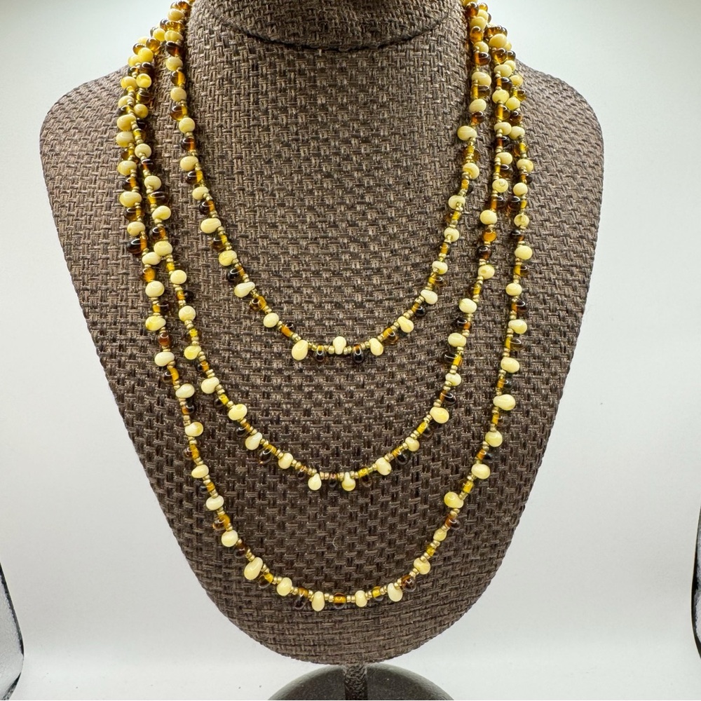 Amber glass and seed bead long layering necklace artisan glass